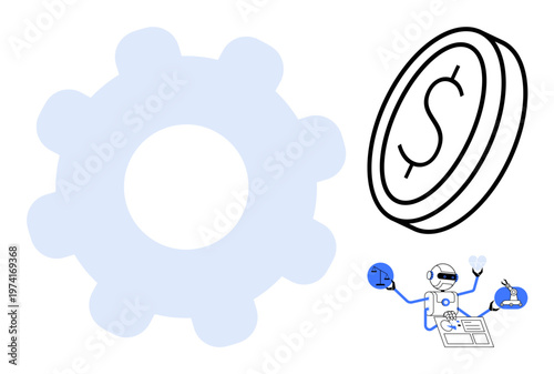 Automation, finance, technology, innovation, business solutions, artificial intelligence. Gear, dollar coin AI robot using a laptop. Automation and finance concepts visually