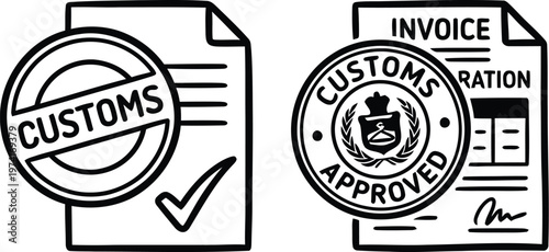 Hand drawn doodle style customs approved stamp on an official invoice document vector illustration representing international trade clearance, border control, and legal import permission.