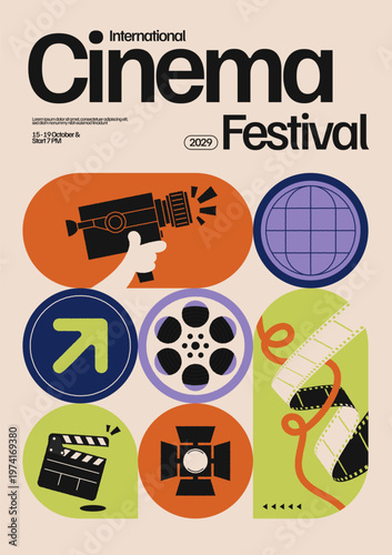 Modern vintage cinema festival poster template Bauhaus style with rough edge of film reel, filmstrip, clapperboard, camera, light