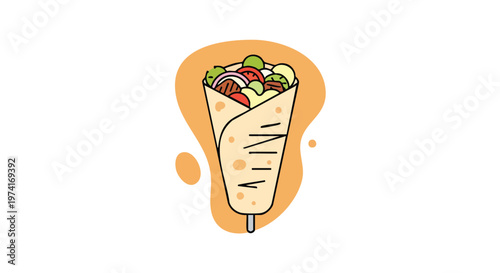 A cartoon depiction of a wrap, filled with various ingredients like tomatoes, onions, lettuce, and meat, with a decorative background