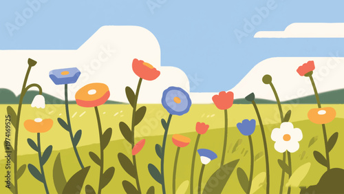 Illustration Of Wildflowers Growing In Open Field Vector Design Template