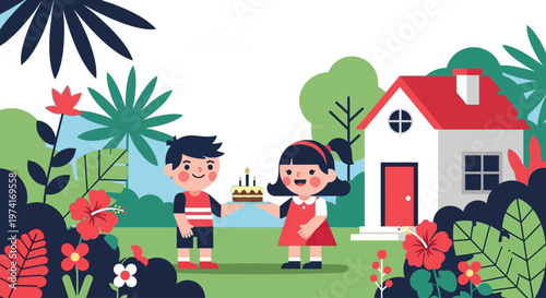 Children celebrating a birthday with cake and house on transparent background silhouette