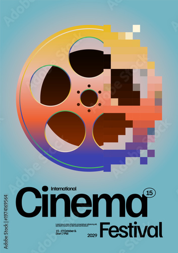 Cinema festival poster template design with gradient film reel and digital pixel glitch mid-century style