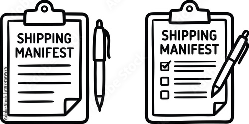 Hand drawn doodle style shipping manifest clipboard with a pen vector illustration representing cargo logistics delivery, freight supply chain, and warehouse management.