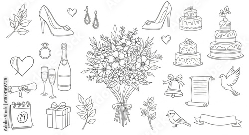 Elegant wedding elements illustration, perfect for invitations and designs.