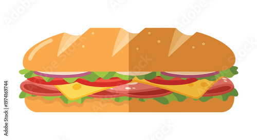 A vibrant illustration of a stacked sandwich with various fillings like cheese, tomato, lettuce, and onions, cut horizontally
