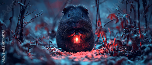 Cute dark furry animal holds a glowing red lantern in a mystical, cold blue forest with frosted branches and ground
