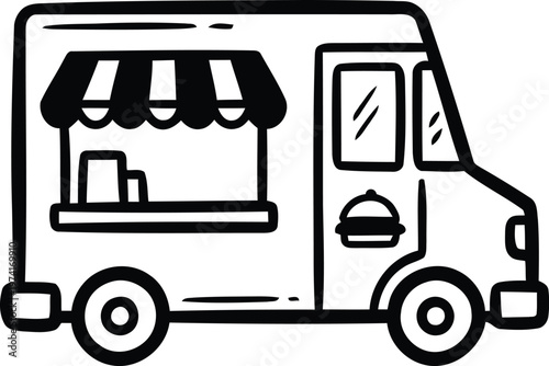 Hand drawn doodle style street food truck vector illustration on transparent background representing mobile catering business, outdoor fast food service, and local dining.