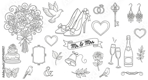 Elegant wedding themed illustration with various decorative elements.