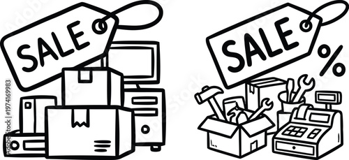 Hand drawn doodle style pile of cardboard boxes with a sale tag vector illustration for retail discount promotion, warehouse clearance, and moving house sales.