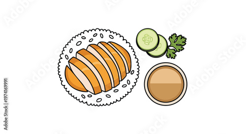 A cartoon illustration of a meal. Sliced chicken, cucumber, and a small sprig of parsley are featured. There's also a small bowl of sauce