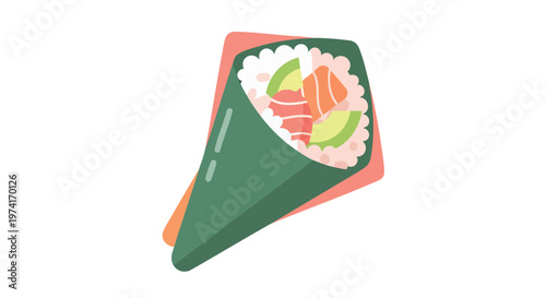 A cartoon-style illustration of a hand roll, featuring salmon, avocado, and rice, wrapped in nori, against a white background