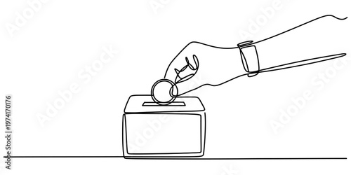 A single continuous line drawing of a person putting a coin into a donation box for charity work