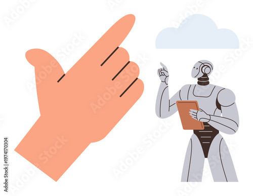 Artificial intelligence, technology communication, human-robot interaction, cloud computing, innovation, data analysis. Robot holding a tablet, human hand pointing to the cloud. Artificial