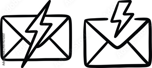 Hand drawn doodle style envelope with lightning bolt vector illustration representing fast email delivery, instant messaging, and urgent electronic mail communication.