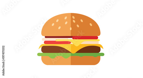 A simple, illustrated hamburger. Layers include a top bun with sesame seeds, various fillings, and a bottom bun. The design is flat