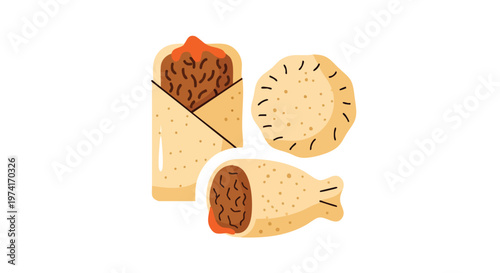 A cartoon illustration featuring three different types of food. One is a wrapped item, another is a round shape with textured edges, and the third is another wrapped option