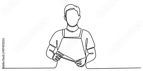 A single continuous line drawing of a male chef or professional cook wearing a kitchen apron