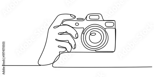 A minimalist single line drawing of a person holding a camera for capturing beautiful moments.