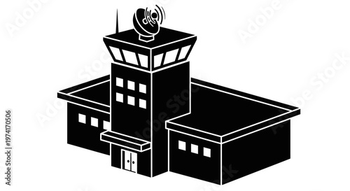 Black and white prison watchtower building.