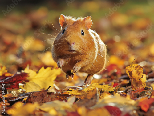 A cute brown guinea pig playfully jumps across a vibrant carpet of golden, orange, and red autumn leaves under sunny light