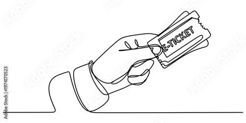 A continuous line drawing of a hand holding an electronic ticket for travel or event admission