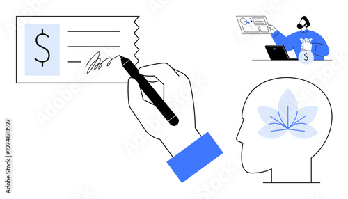 Finance, mental health awareness, budgeting, payment processes, modern economy, mindfulness. A hand signing a check, a man with money and a mind wellness. Finance and mental health awareness