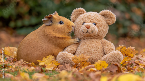 A cute guinea pig gently nuzzles a soft teddy bear, embracing it on a ground covered with vibrant yellow and orange autumn leaves
