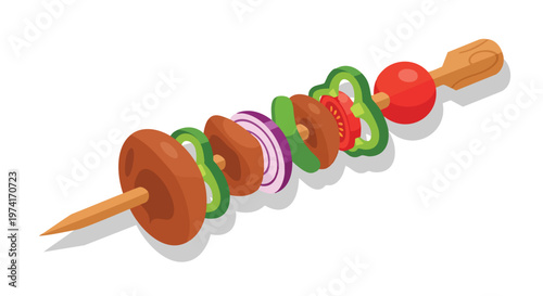 A cartoon image depicting a skewer of grilled food items, including vegetables and other ingredients, arranged in a colorful, appetizing manner