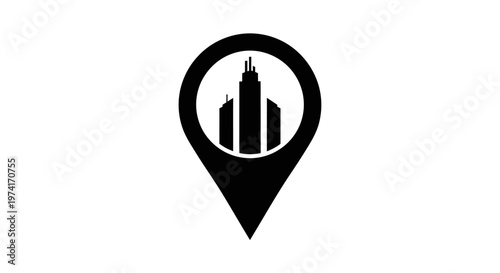 Black location pin icon with city.