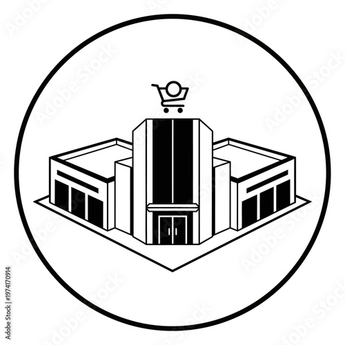 Building with shopping cart logo.