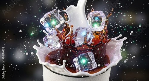Refreshing Iced Coffee Splash with Ice Cubes.