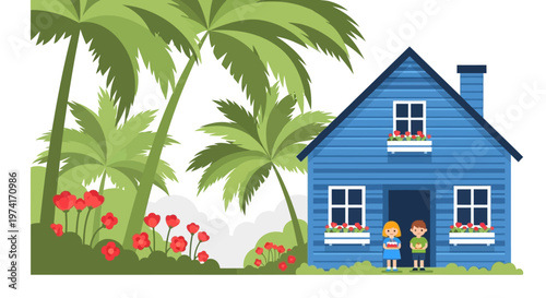 Tropical house with palm trees and children a vibrant silhouette on transparent background