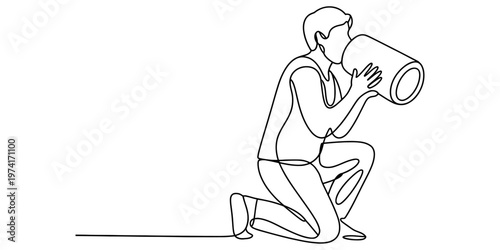 A continuous line drawing of a person kneeling while drinking from a large cylindrical beverage cup