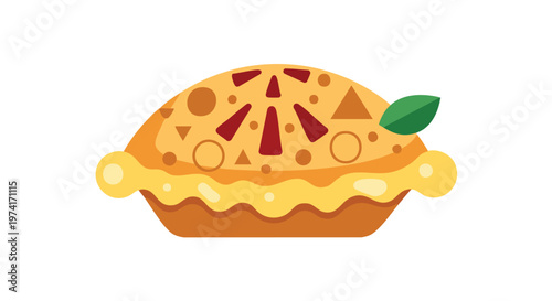 A simplified, cartoon illustration of a pie. It features a crust with wavy edges, and a top crust with abstract fruit shapes and leaf