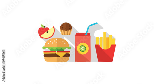 A flat-design illustration of a meal with various items apple slice, muffin, burger, drink, and fries. All items cast soft shadows