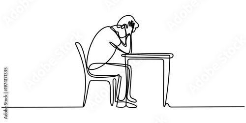 A single continuous line drawing of a person sitting at a desk feeling very sad and overwhelmed