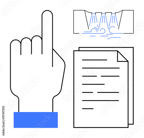 User interface, document approval, water management, interaction design, resource control, task management. A hand pointing upward, a document and a water flow graphic. User interface and document