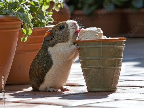A guinea pig stands, eagerly licking a scoop of ice cream from a decorative green cup on a sunny outdoor patio