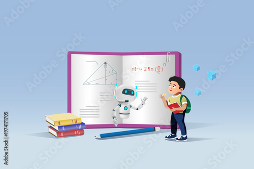 AI chat robot teaching kid studying book. Artificial intelligence as smart assistant in education innovation technology concept. Vector.