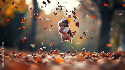 A small furry creature leaps joyfully amidst a flurry of falling autumn leaves, in a warm, bokeh-lit forest setting