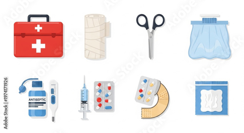 First Aid Kit and Medical Supplies Illustration for Healthcare.