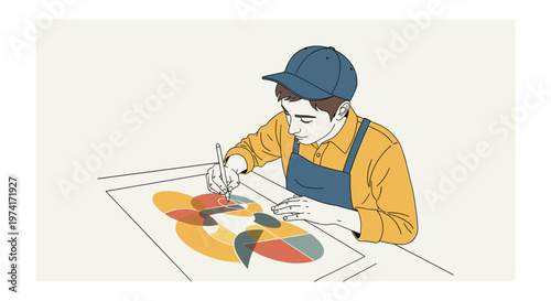 Adult coloring book artist in focused creative process with vibrant multicolor palette in minimalist studio setting for art therapy