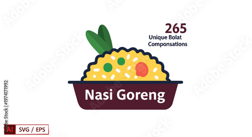 An illustrated depiction of fried rice, garnished with green onion and scattered vegetables. Text overlays inform about "265 Unique Bolat Compensations
