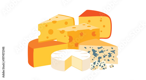 A colorful vector illustration of an assortment of cheeses, including wedges, wheels, and blocks, on a white background