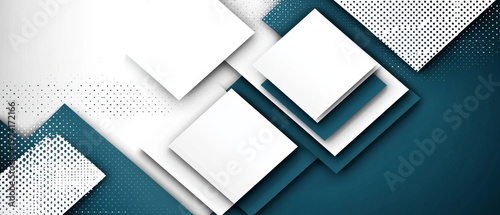 Abstract background with overlapping white and teal geometric shapes, featuring halftone dot patterns and shadows, creating a modern, clean design