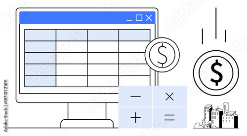 Financial planning, accounting, investment, business management, taxation, corporate finance. Digital spreadsheet with dollar sign, calculator small cityscape. Financial planning and accounting