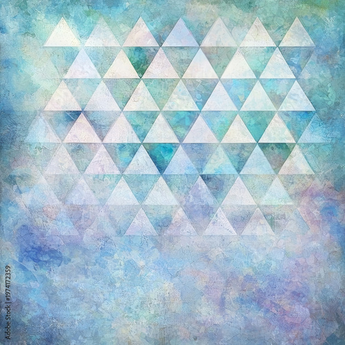 Abstract geometric pattern of white and blue-green triangles over a pastel, textured, and cracked background