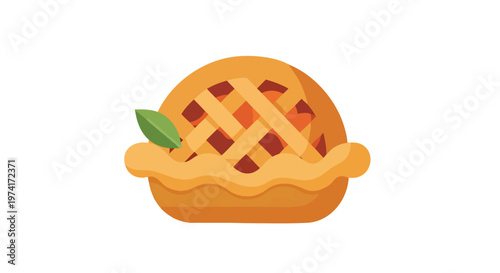 A cartoon-style illustration of a pie, featuring a golden-brown crust with a lattice top. A green leaf accents the side