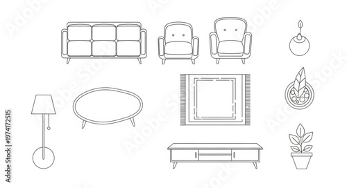 Outline drawing of living room furniture and decor elements.